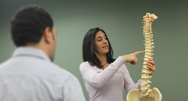 Dr. Kara Firestone pointing out parts of the spine